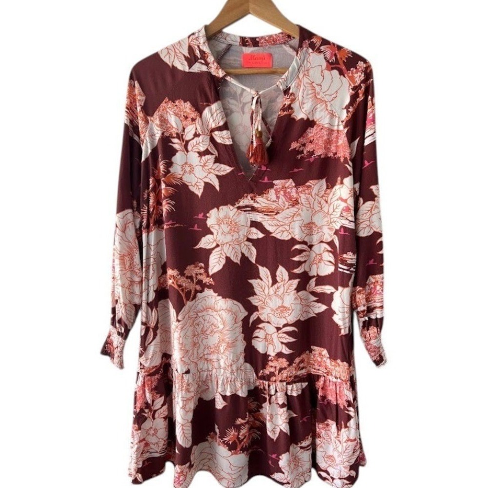 Maaji Floral Toile Mini Dress Large Burgundy Orange Tassel Tie Ruffle Boho